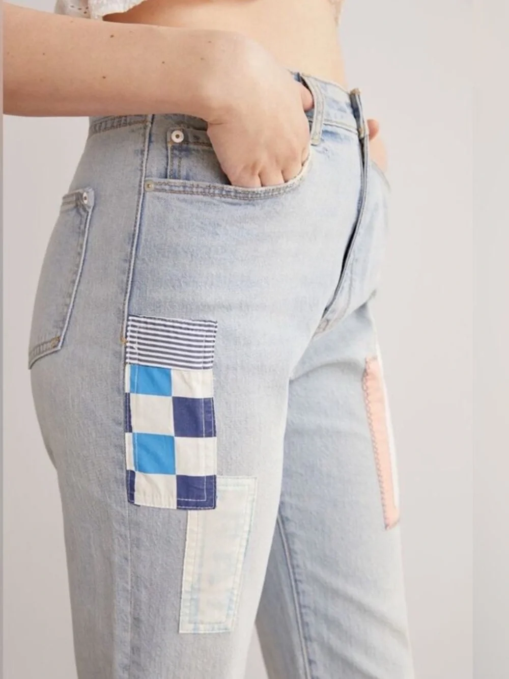 Pilcro The Borrowed Boyfriend Patchwork Straight Leg High Rise Cotton Jeans 29